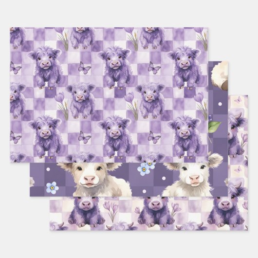 Purple Highland Cow Floral Checkered Inpakpapier Vel (Set)
