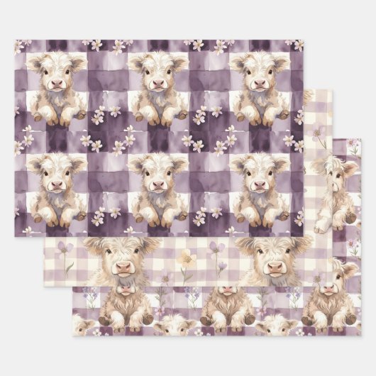 Purple Highland Cow Flowers Gingham Checkered Inpakpapier Vel (Set)