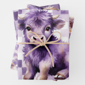 Purple Highland Cow Gingham Aesthetic Inpakpapier Vel (In situ)