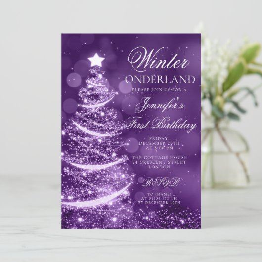 Purple Holiday Winter Onederland 1st Birthday Kaart (Staand voorkant)