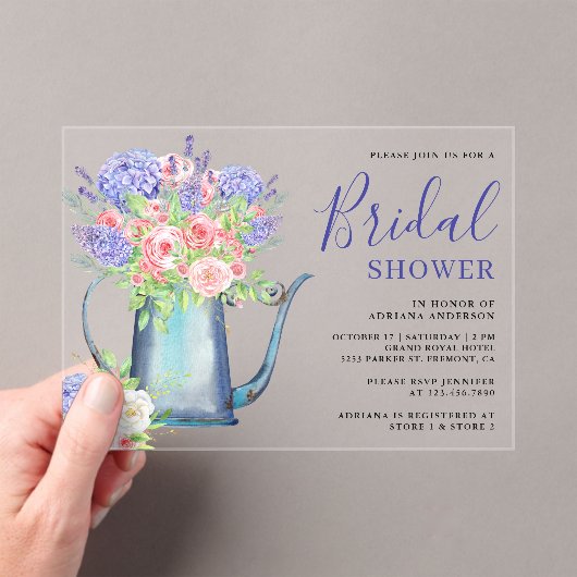 Purple Hydrangea Blush Pink Roses Bridal Shower Acryl Uitnodigingen (Insitu (Draagbaar))