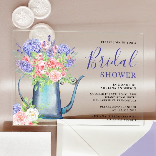 Purple Hydrangea Blush Pink Roses Bridal Shower Acryl Uitnodigingen