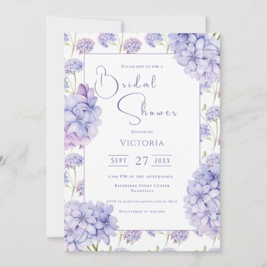 Purple Hydrangea Floral Bridal Shower Invitation Kaart (Voorkant)