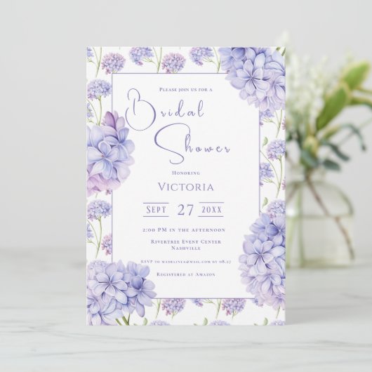 Purple Hydrangea Floral Bridal Shower Invitation Kaart (Staand voorkant)
