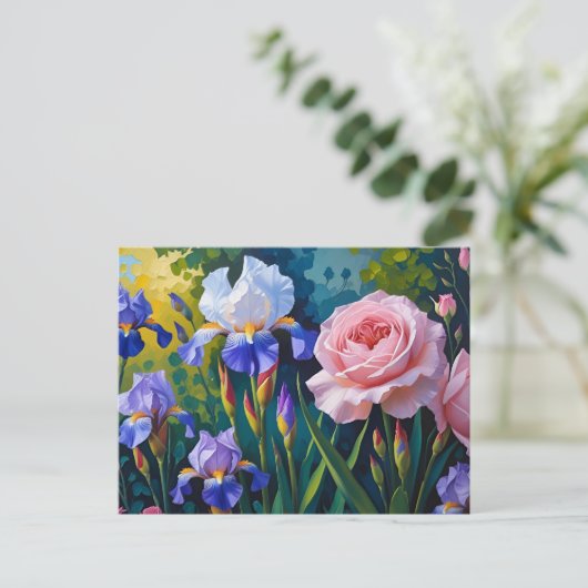 Purple Irises and Roses in the Summer Garden Briefkaart (Staand voorkant)