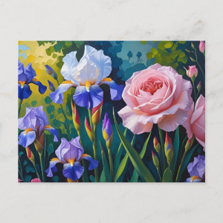Purple Irises and Roses in the Summer Garden  Briefkaart