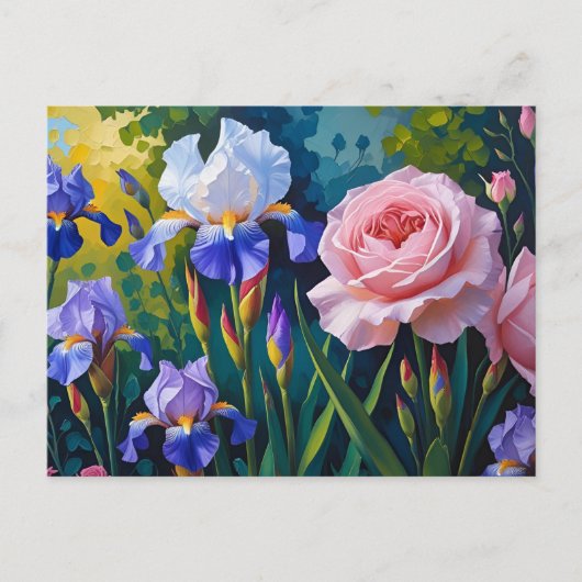 Purple Irises and Roses in the Summer Garden  Briefkaart (Voorkant)