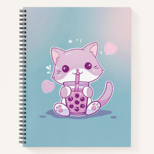 Purple Kawaii Cat Drinking Boba Tea Sketch Book Notitieboek