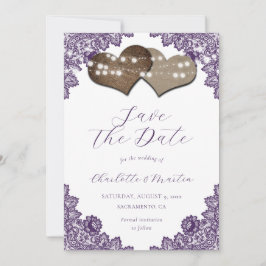 Purple Lace Burlap Hearts Rustic Wedding Save The Date