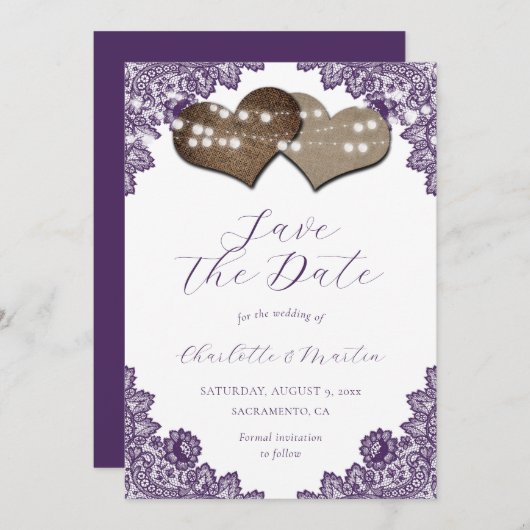 Purple Lace Burlap Hearts Rustic Wedding Save The Date (Voorkant / Achterkant)