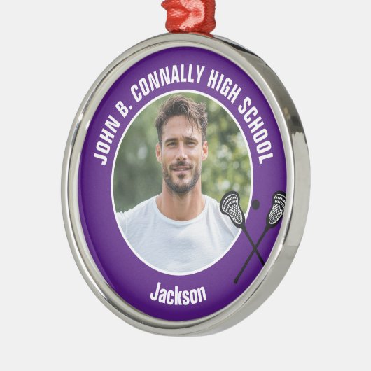 Purple Lacrosse Player Photo High School Christmas Metalen Ornament (Links)