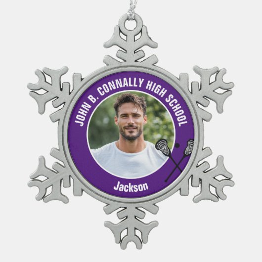 Purple Lacrosse Player Photo High School Tin Sneeuwvlok Ornament (Voorkant)