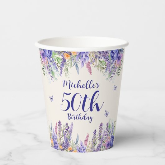Purple Lavender Floral 50th Birthday Papieren Bekers (Voorkant)