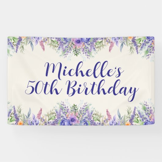Purple Lavender Floral 50th Birthday Spandoek (Horizontaal)