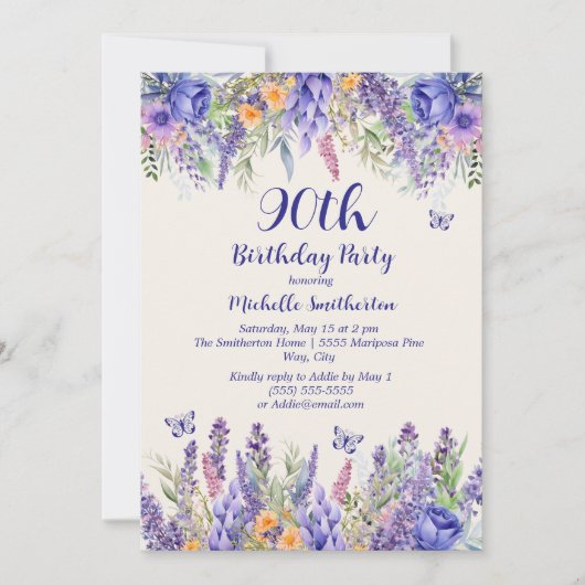 Purple Lavender Floral Garden Party 90th Birthday Kaart (Voorkant)