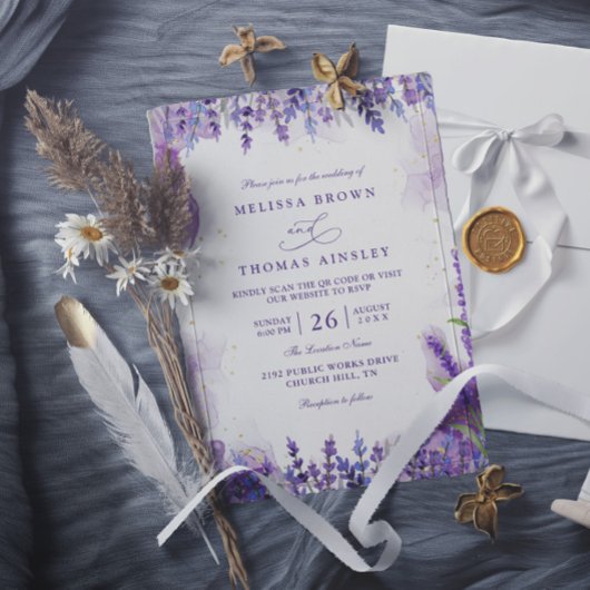 Purple Lavender Floral Modern QR Code Wedding Kaart