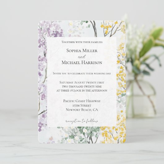 Purple Lavender Green Yellow Flower Wedding Kaart (Staand voorkant)