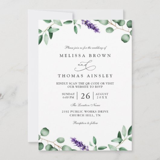 Purple Lavender Greenery Rustic QR Code Wedding Kaart (Voorkant)