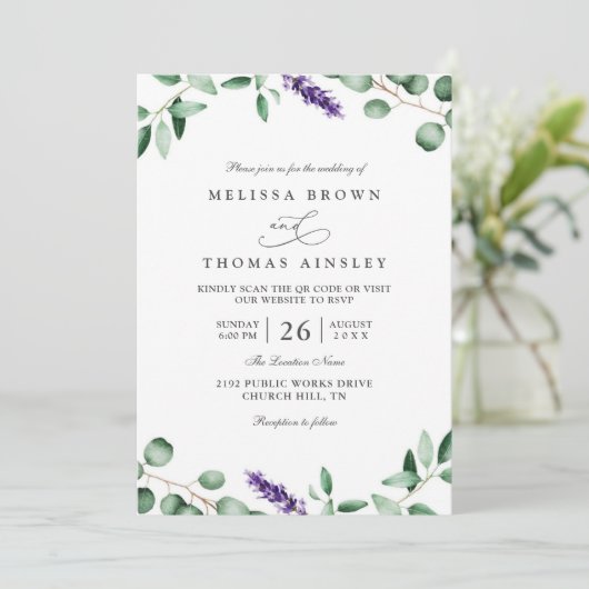 Purple Lavender Greenery Rustic QR Code Wedding Kaart (Staand voorkant)