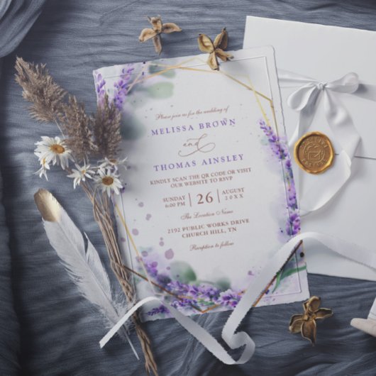 Purple Lavender Rustic Floral QR Code Wedding Kaart