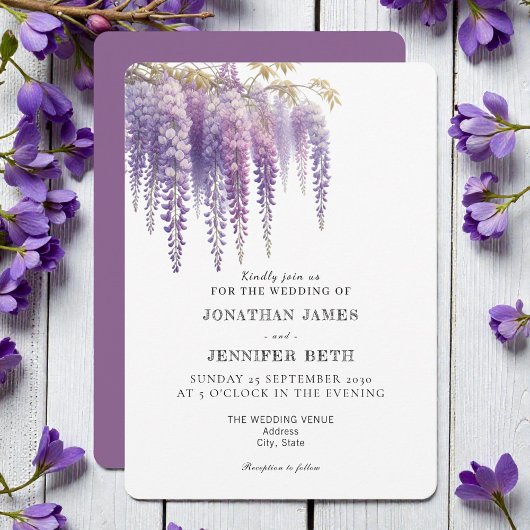Purple Lavender Wisteria Floral Wedding Invitation Kaart