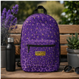 Purple Leopard Print Pattern with Gold Hearts Bedrukte Rugzak