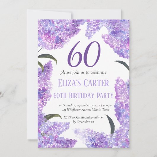 Purple Lilac 60th Floral Elegant Birthday Kaart (Voorkant)
