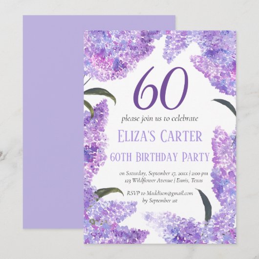 Purple Lilac 60th Floral Elegant Birthday Kaart (Voorkant / Achterkant)