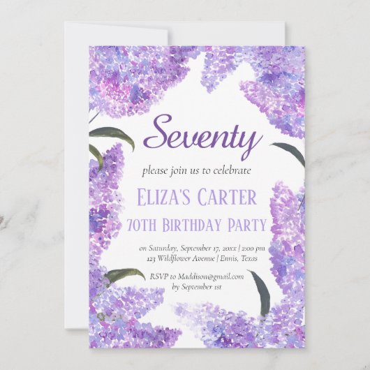 Purple Lilac 70th Seventy Floral Elegant Birthday Kaart (Voorkant)