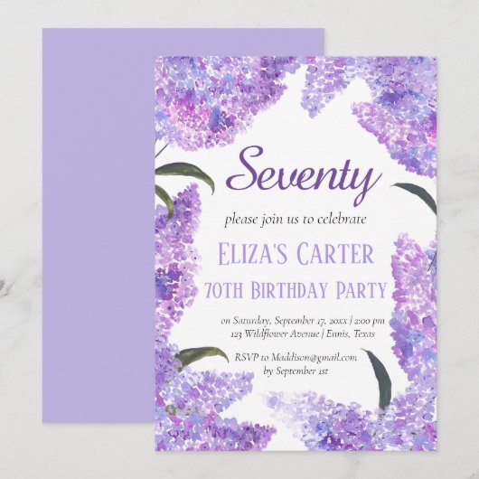 Purple Lilac 70th Seventy Floral Elegant Birthday Kaart (Voorkant / Achterkant)