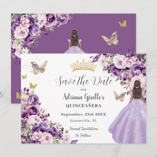 Purple Lilac Floral Quinceanera Save The Date (Voorkant / Achterkant)