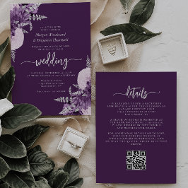 Purple Lilac Silver Floral QR Code Wedding Kaart