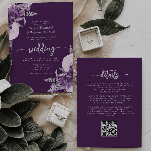 Purple Lilac Silver Floral QR Code Wedding Kaart
