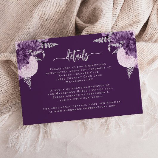 Purple Lilac Silver Floral Wedding Details Informatiekaartje