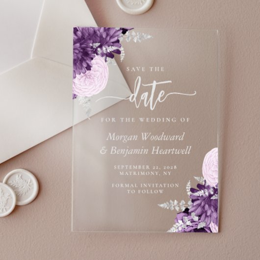 Purple Lilac Silver Floral Wedding Save the Date Acryl Uitnodigingen