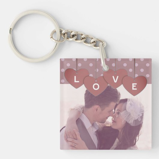 Purple Love Hearts Banner Overlaid Custom Photo Sleutelhanger (Voorkant)