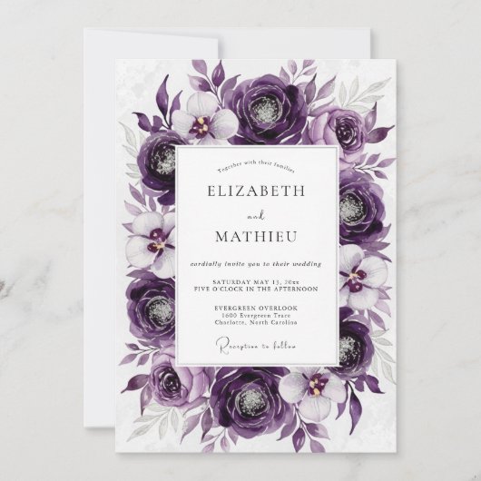 Purple Luxurious Botanical Wedding Kaart (Voorkant)