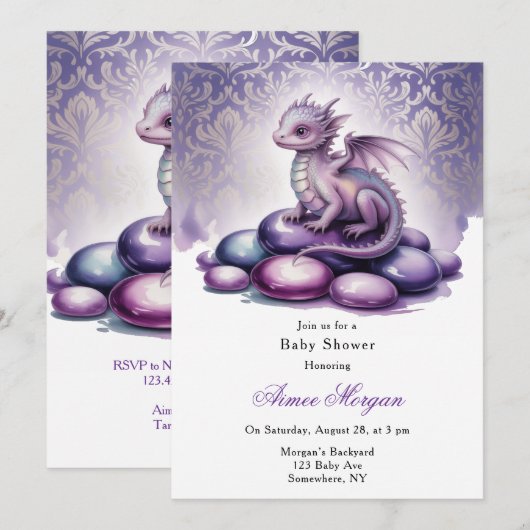 Purple Magical Dragon Baby Shower Kaart (Voorkant / Achterkant)