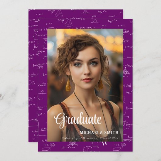 Purple Math College Script Photo Graduation Aankondiging (Voorkant / Achterkant)