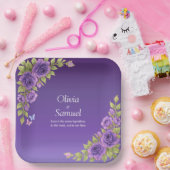 Purple Mauve Flowers & White Wedding  9" Square Papieren Bordje (Feest)