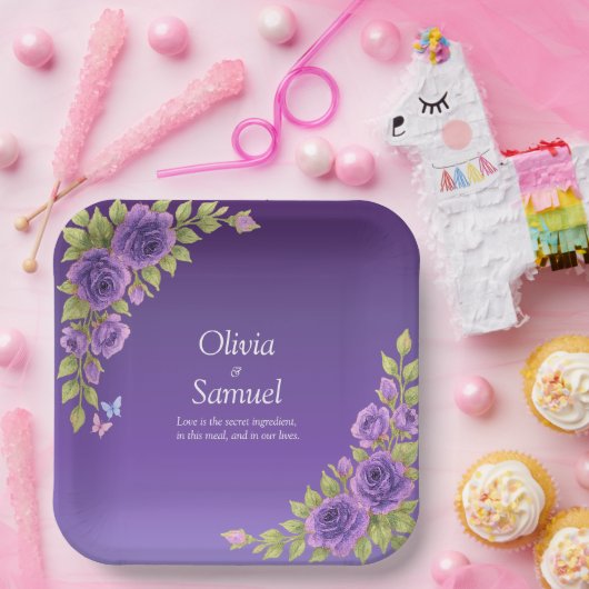 Purple Mauve Flowers & White Wedding  9" Square Papieren Bordje (Feest)