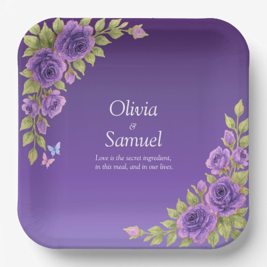 Purple Mauve Flowers & White Wedding  9" Square Papieren Bordje (Voorkant)