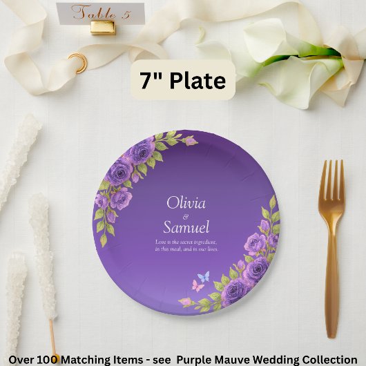 Purple Mauve Flowers & White Wedding Suite  7" Papieren Bordje