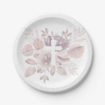 Purple Mauve Watercolor Floral Cross Paper Plates