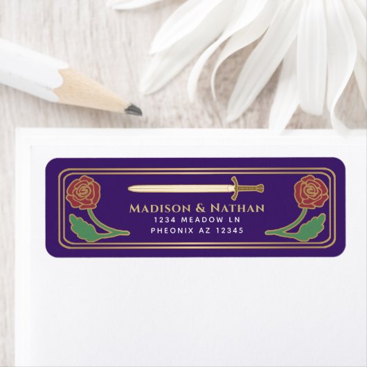 Purple Medieval Fantasy Gold Sword Wedding Label (Insitu)