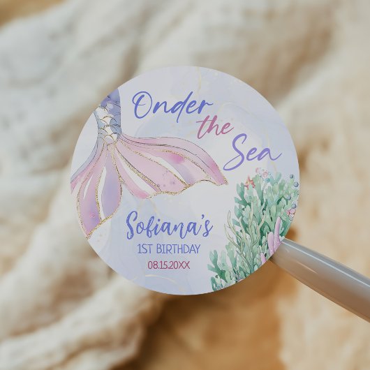 Purple Mermaid 1st Birthday Oneder the Sea Ronde Sticker