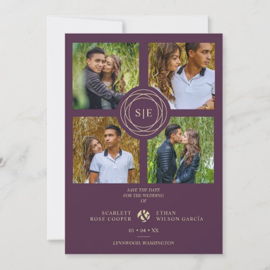 Purple Minimal Initials Wedding Fancy 4 Photos Save The Date (Voorkant)