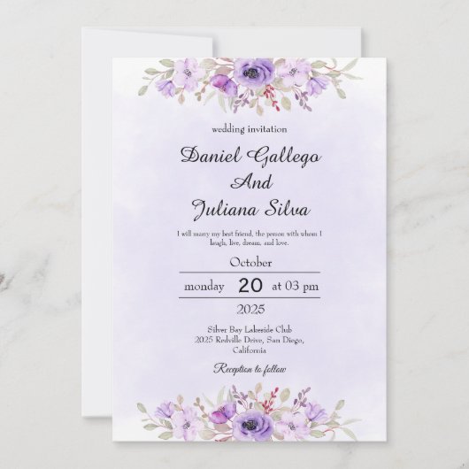 Purple Minimalist Floral Wedding Invitations Kaart (Voorkant)