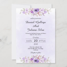 Purple Minimalist Floral Wedding Invitations Kaart