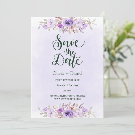 Purple Minimalist Floral Wedding Save the Date Kaart (Staand voorkant)